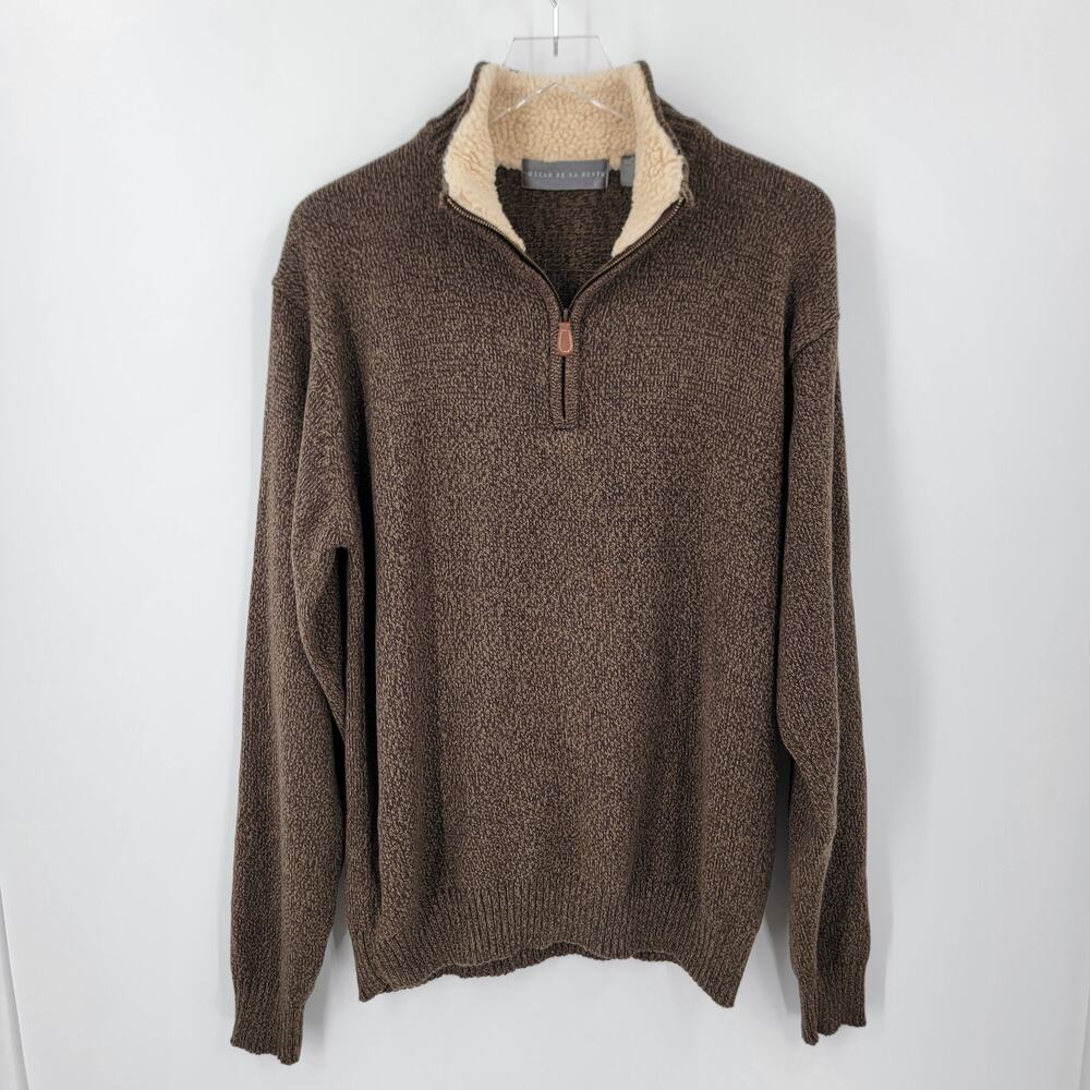 Oscar De La Renta Quarter Zip Mock Neck Sweater Mens L Brown Sherpa Lined Neck